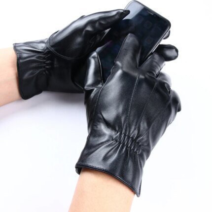 Men's Black PU Leather Gloves with Three Touchscreen Lines Plain Style for Outdoor Use