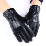 Men's Black PU Leather Gloves with Three Touchscreen Lines Plain Style for Outdoor Use