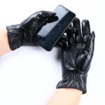 Men's Black PU Leather Gloves with Three Touchscreen Lines Plain Style for Outdoor Use