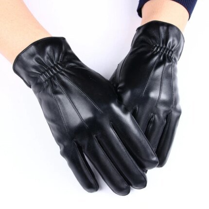 Men's Black PU Leather Gloves with Three Touchscreen Lines Plain Style for Outdoor Use
