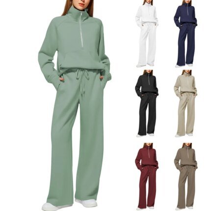 European And American Women's Two-Piece Suits Oversized Half-Zip Sweatshirt Wide-Leg Sweatpants Casual Suits For Women