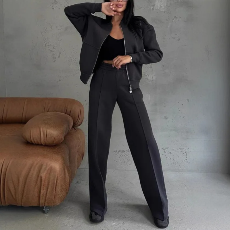 Women's New Fashion European American Style Zipper Cardigan Straight Pants Suit for Spring Solid