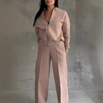 Women's New Fashion European American Style Zipper Cardigan Straight Pants Suit for Spring Solid