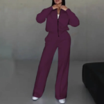 Women's New Fashion European American Style Zipper Cardigan Straight Pants Suit for Spring Solid