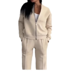 Women's New Fashion European American Style Zipper Cardigan Straight Pants Suit for Spring Solid