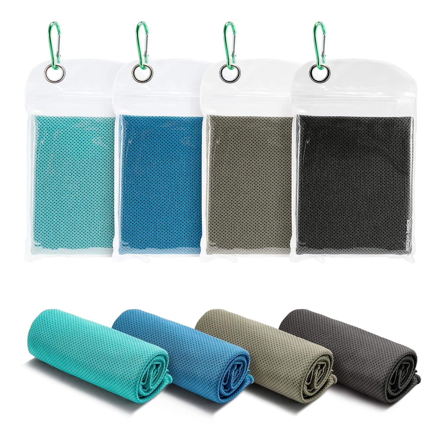 Amazon Basics Gym Cooling Towels for Neck and Face, Working Out, 40" x 12", 4-Pack, Black/Gray/Aqua/Navy Amazon Basics Gym Cooling Towels for Neck and Face, Working Out, 40" x 12", 4-Pack, Black/Gray/Aqua/Navy