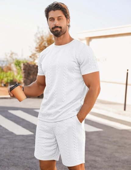 Babioboa Men's Short Sleeve Tracksuit Summer T Shirt & Shorts set Striped Jaquard Solid Two Piece Casual Daily Duty-off