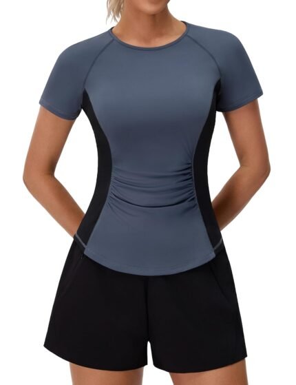 BMJL Womens Workout Tops Athletic Short Sleeve T Shirt Color Block Running Shirts Gym Clothes Summer Outfits Blouses