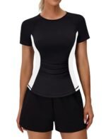 BMJL Womens Workout Tops Athletic Short Sleeve T Shirt Color Block Running Shirts Gym Clothes Summer Outfits Blouses