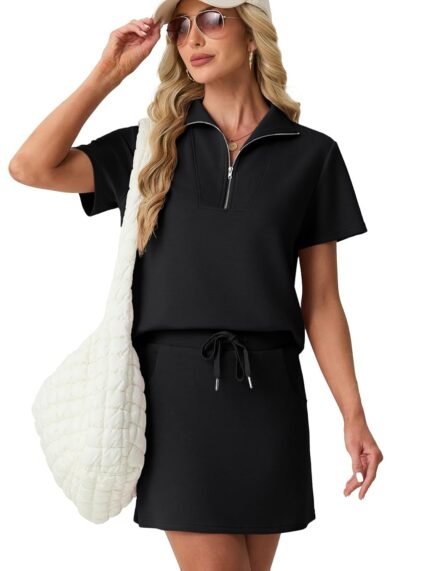 GRECERELLE Women's Summer 2 Piece Skort Set Half Zip Short Sleeve Top & Pocketed Tennis Skirt For Sports & Vacations.
