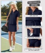 GRECERELLE Women's Summer 2 Piece Skort Set Half Zip Short Sleeve Top & Pocketed Tennis Skirt For Sports & Vacations.