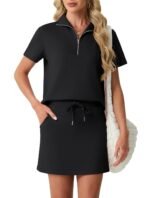 GRECERELLE Women's Summer 2 Piece Skort Set Half Zip Short Sleeve Top & Pocketed Tennis Skirt For Sports & Vacations.