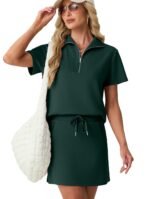 GRECERELLE Women's Summer 2 Piece Skort Set Half Zip Short Sleeve Top & Pocketed Tennis Skirt For Sports & Vacations.