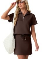 GRECERELLE Women's Summer 2 Piece Skort Set Half Zip Short Sleeve Top & Pocketed Tennis Skirt For Sports & Vacations.