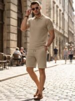 JMIERR Mens Sweatsuits Sets Summer Tracksuits 2 Piece Outfits Textured Short Sleeve Golf Polo Drawstring Short