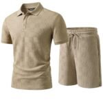 JMIERR Mens Sweatsuits Sets Summer Tracksuits 2 Piece Outfits Textured Short Sleeve Golf Polo Drawstring Short