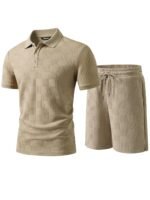 JMIERR Mens Sweatsuits Sets Summer Tracksuits 2 Piece Outfits Textured Short Sleeve Golf Polo Drawstring Short