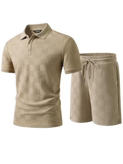 JMIERR Mens Sweatsuits Sets Summer Tracksuits 2 Piece Outfits Textured Short Sleeve Golf Polo Drawstring Short