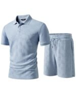 JMIERR Mens Sweatsuits Sets Summer Tracksuits 2 Piece Outfits Textured Short Sleeve Golf Polo Drawstring Short