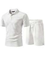 JMIERR Mens Sweatsuits Sets Summer Tracksuits 2 Piece Outfits Textured Short Sleeve Golf Polo Drawstring Short