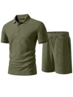 JMIERR Mens Sweatsuits Sets Summer Tracksuits 2 Piece Outfits Textured Short Sleeve Golf Polo Drawstring Short