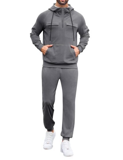 LecGee Men's Fall 2 Pieces Tracksuit Set Hoodie Long Sleeve 1/4 Zip Sweatsuits Casual Outfit With Kangaroo Pouch Pocket