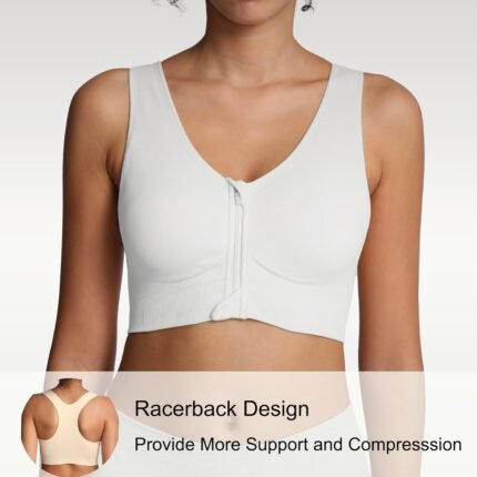 Lemef Front Zipper Sports Bras for Women Wirefree Post Surgery Bra Front Closure Racerback Compression Mastectomy Bras