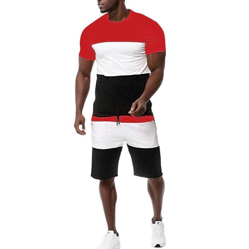 Matching Sets Summer for Men Short Sleeve Shirts & Shorts 2 Piece Set Beach Round Neck Color Blocked Outfits