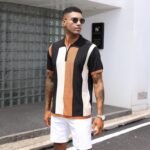 Men's Fashion Polo Shirts Vintage Striped Knitting Shirts Casual Slim Fit Golf Shirts