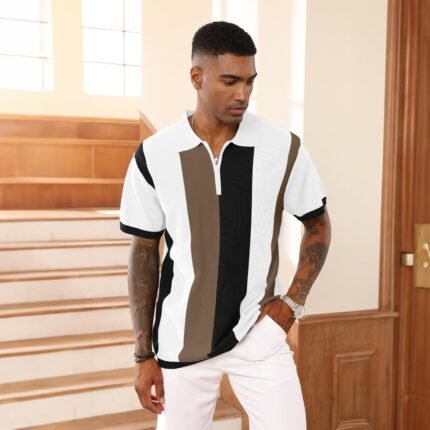 Men's Fashion Polo Shirts Vintage Striped Knitting Shirts Casual Slim Fit Golf Shirts
