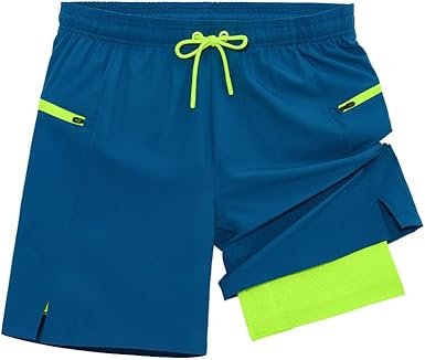 Mens Running Shorts 2 in 1 Gym Workout Shorts 7 inch Quick Dry Athletic Short with Liner Zip Pockets