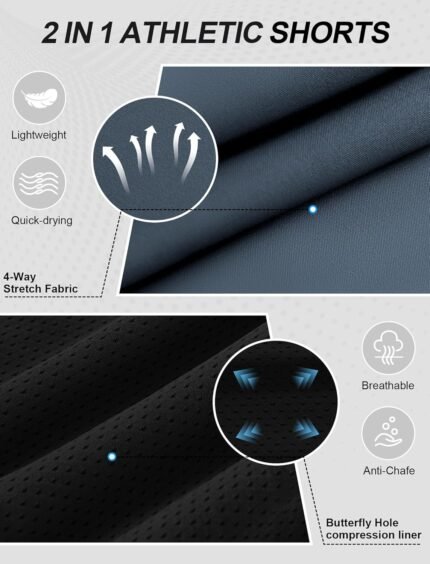 Mens Running Shorts 2 in 1 Gym Workout Shorts 7 inch Quick Dry Athletic Short with Liner Zip Pockets