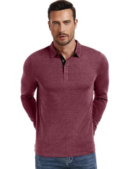 PEGENO Mens Polo Short/Long Sleeve Shirt Classic Button Basic Solid Color Designed Collared Polo Shirt Fashion Casual Shirts