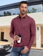 PEGENO Mens Polo Short/Long Sleeve Shirt Classic Button Basic Solid Color Designed Collared Polo Shirt Fashion Casual Shirts