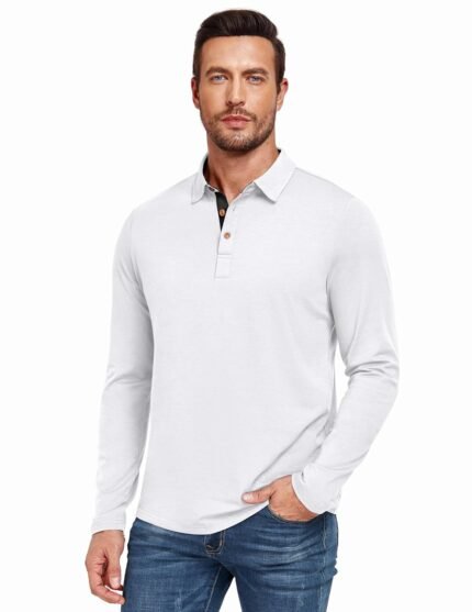 PEGENO Mens Polo Short/Long Sleeve Shirt Classic Button Basic Solid Color Designed Collared Polo Shirt Fashion Casual Shirts