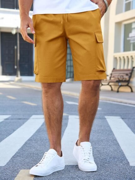 Runcati Mens Cargo Shorts Chino Cotton Drawstring Casual Shorts Summer Twill Outdoor Short Pants