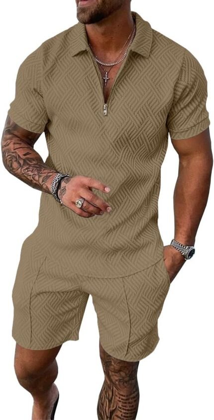 UOUA Mens Summer Track Suits 2 Piece Shorts Sets Short Sleeve Sweatsuit Outfits 1/4 Zip Golf Polo Shirts Loungewear